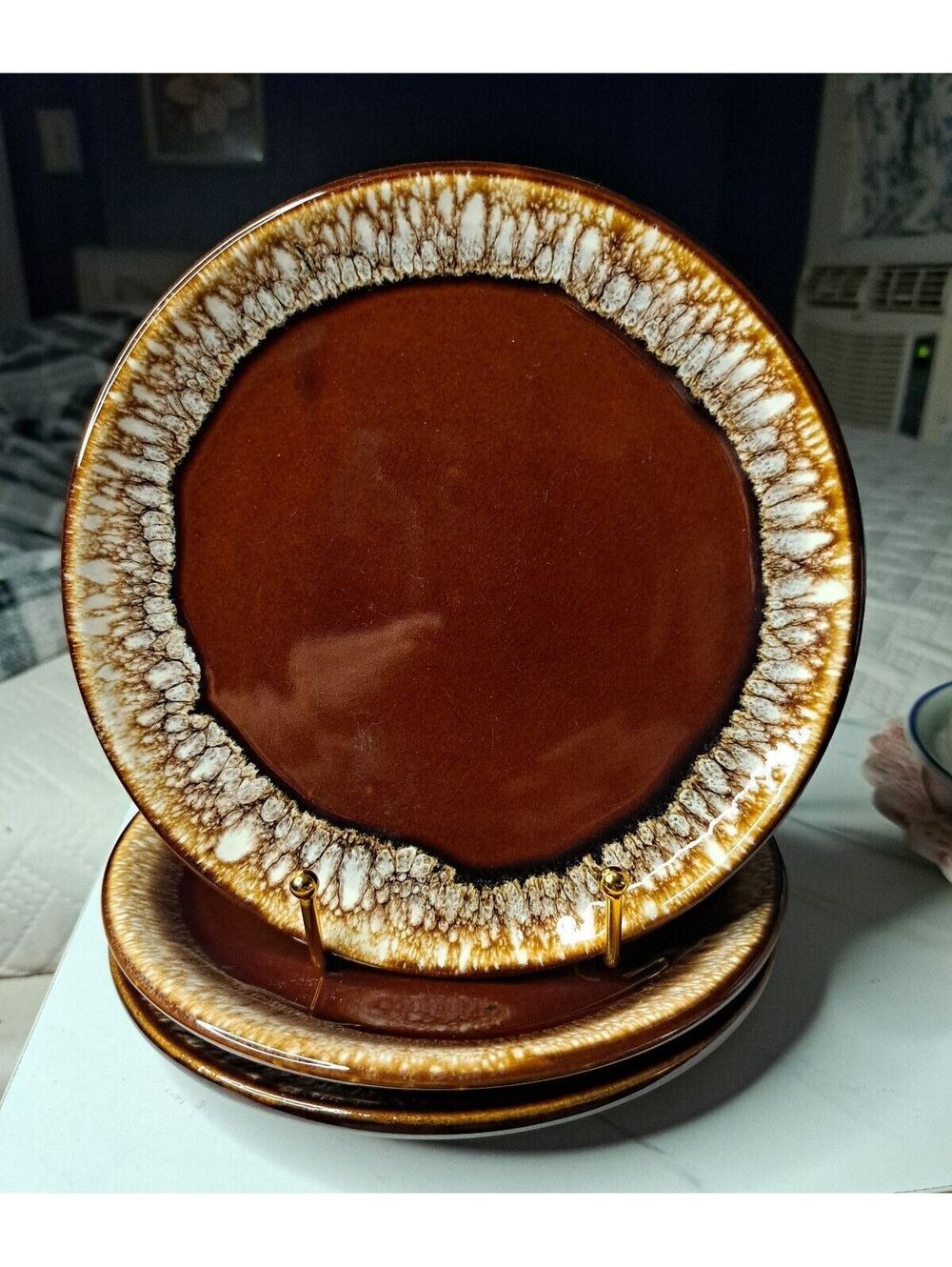 Vintage Set of 3 Hull Brown Drip Glaze Ware Pottery Salad Plates 7.5"